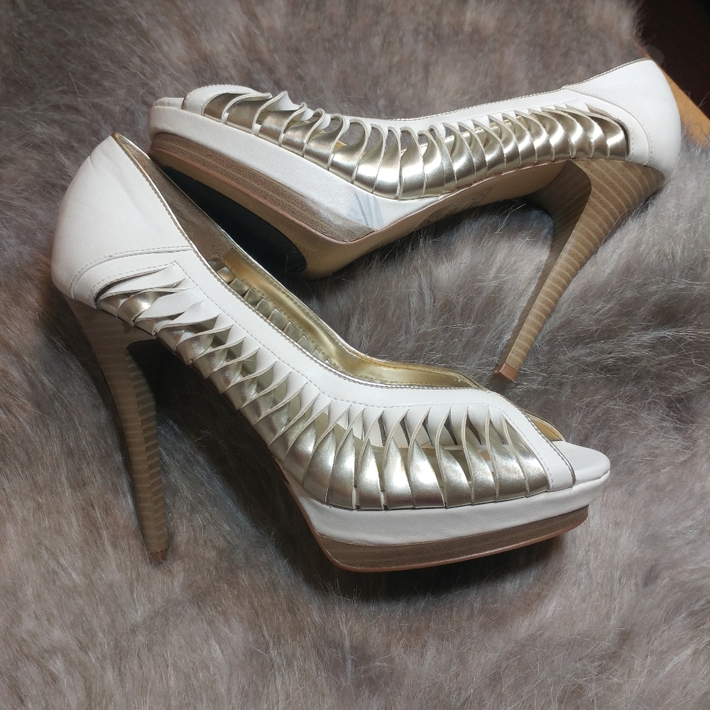Spring • 5" Platfrom Heels Pump Open Toe White Gold Twist Heels Pumps Womens 10
